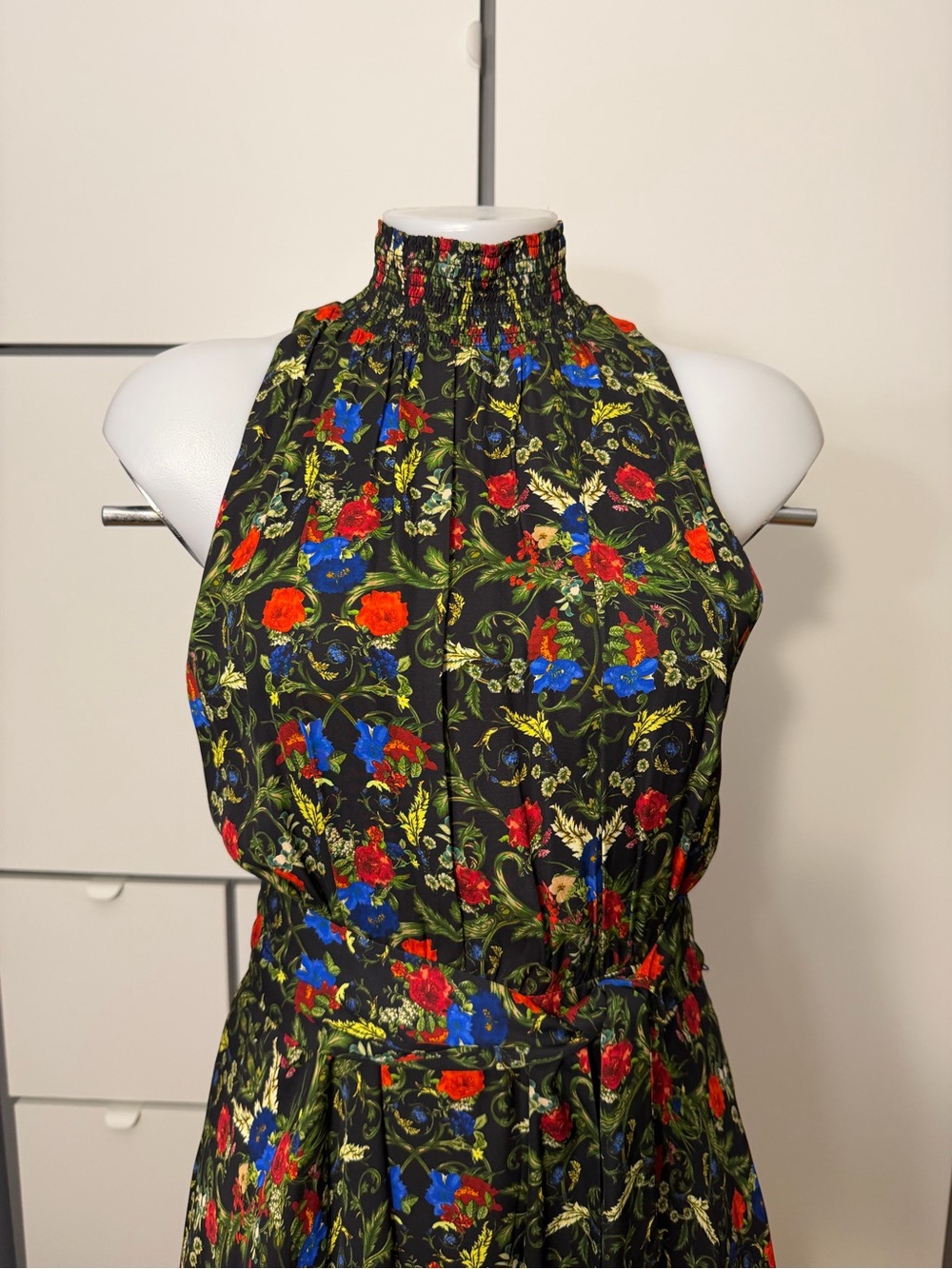 Alice + Olivia Black Floral High-Neck Midi Dress with Belt - Picture 6 of 7